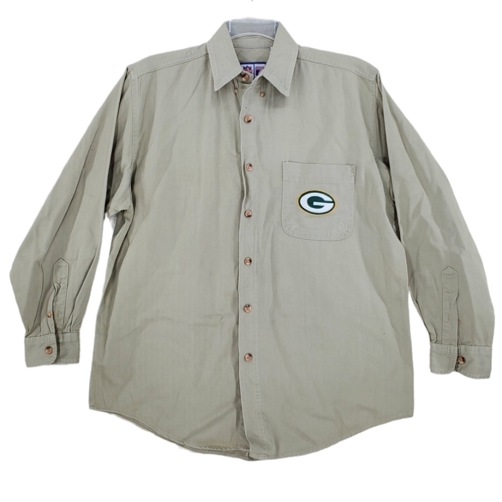 Vtg Logo 7 Packers Shirt Men M LS Button Down Khaki Beige Game Day Green Bay Y2K